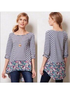Anthropologie Postmark Fairley Grey Striped Floral Tunic Top XL Cottagecore Boho